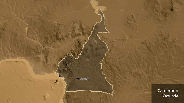 Närbild Cameroun Gränsområdet Belyser Med Mörk Överlagring Sepia Höjd Karta — Stockfoto