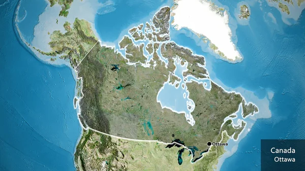 加拿大边境地区的特写镜头 用卫星地图上的黑暗覆盖突出显示 资本点 风靡全国各地 国家及其首都的英文名称 — 图库照片