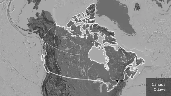 加拿大边境地区及其区域边界的近距离间接地图 资本点 风靡全国各地 国家及其首都的英文名称 — 图库照片