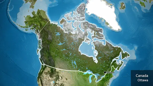 衛星地図上の暗いオーバーレイで強調されているカナダ国境地域のクローズアップ 資本ポイント 国の形の周りに光る 英名国とその首都 — ストック写真