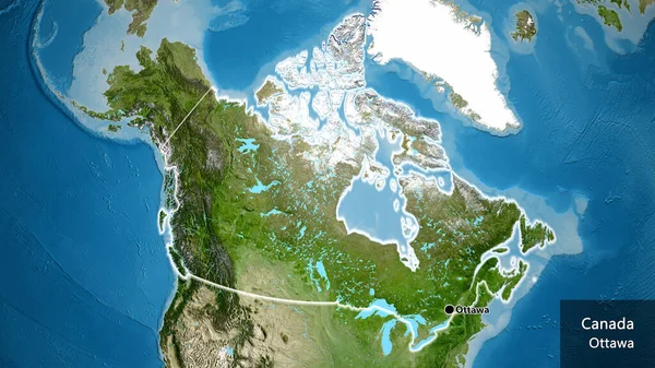 衛星地図上のカナダ国境地域の閉鎖 資本ポイント 国の形の周りに光る 英名国とその首都 — ストック写真