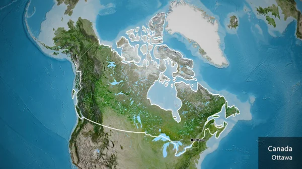 衛星地図上のカナダ国境地域の閉鎖 資本ポイント 国の形の周りの概要 英名国とその首都 — ストック写真