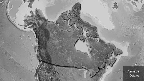 加拿大边境地区的特写镜头 以灰度地图上的黑暗覆盖为重点 资本点 这个国家的边缘呈斜角状 国家及其首都的英文名称 — 图库照片