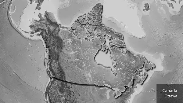 在一张灰色比例尺地图上对加拿大边境地区进行的密切调查 资本点 这个国家的边缘呈斜角状 国家及其首都的英文名称 — 图库照片