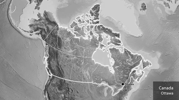 在一张灰色比例尺地图上对加拿大边境地区及其区域边界进行的密切监视 资本点 风靡全国各地 国家及其首都的英文名称 — 图库照片