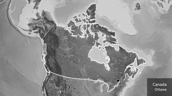 加拿大边境地区的特写镜头 以灰度地图上的黑暗覆盖为重点 资本点 风靡全国各地 国家及其首都的英文名称 — 图库照片