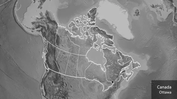 stock image Close-up of the Canada border area and its regional borders on a grayscale map. Capital point. Outline around the country shape. English name of the country and its capital