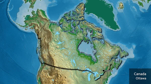 物理的な地図上のカナダ国境地域の閉鎖 資本ポイント 国の形の縁が隠されています 英名国とその首都 — ストック写真