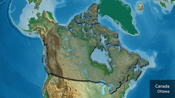 物理的な地図上の暗いオーバーレイで強調されているカナダの国境地域のクローズアップ 資本ポイント 国の形の縁が隠されています 英名国とその首都 — ストック写真