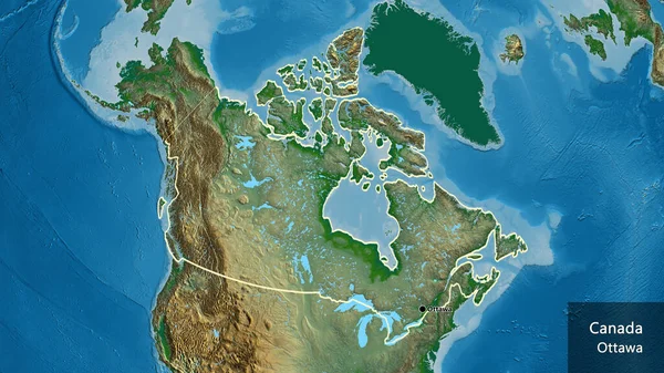 物理的な地図上のカナダ国境地域の閉鎖 資本ポイント 国の形の周りの概要 英名国とその首都 — ストック写真
