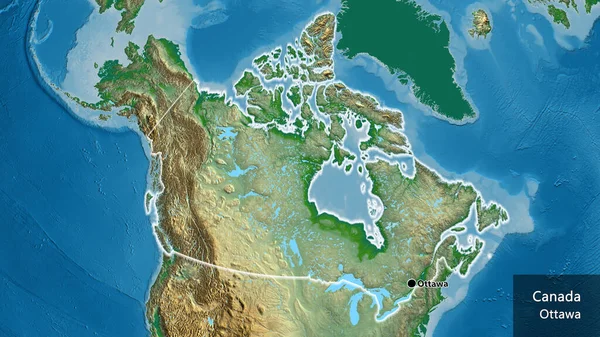 Närbild Kanadas Gränsområde Fysisk Karta Huvudpunkt Glow Runt Landet Form — Stockfoto