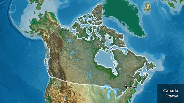 Närbild Kanadas Gränsområde Med Ett Mörkt Överdrag Fysisk Karta Huvudpunkt — Stockfoto