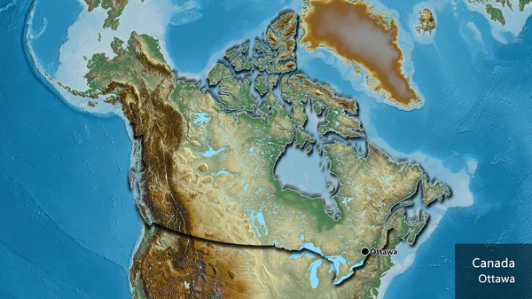 救援地図上のカナダ国境地域の閉鎖 資本ポイント 国の形の縁が隠されています 英名国とその首都 — ストック写真