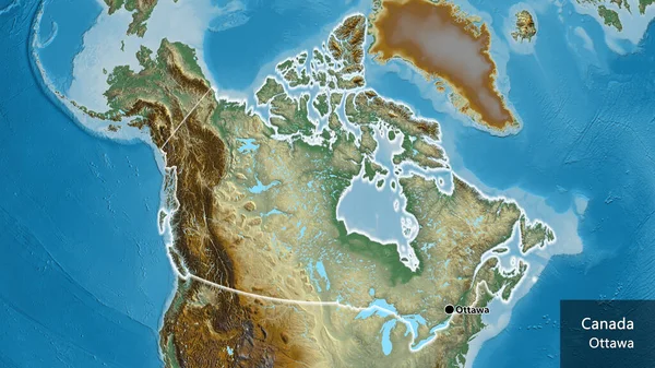 救援地図上のカナダ国境地域の閉鎖 資本ポイント 国の形の周りに光る 英名国とその首都 — ストック写真
