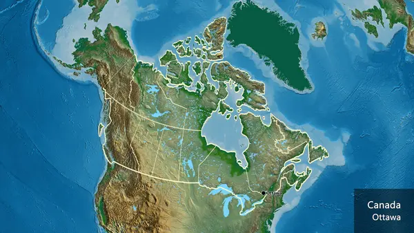 カナダの国境地域とその地域の境界線の物理的な地図上のクローズアップ 資本ポイント 国の形の周りの概要 英名国とその首都 — ストック写真