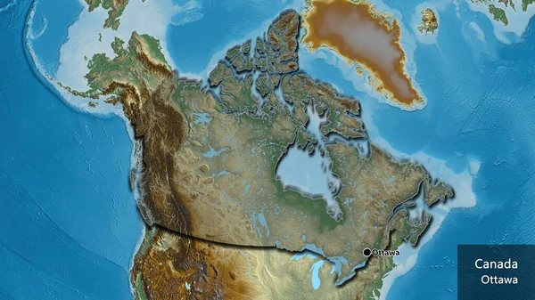 救援地図上の暗いオーバーレイで強調カナダ国境地域のクローズアップ 資本ポイント 国の形の縁が隠されています 英名国とその首都 — ストック写真