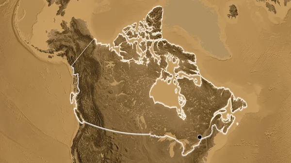 Close Área Fronteira Canadá Mapa Elevação Sépia Ponto Capital Brilho — Fotografia de Stock