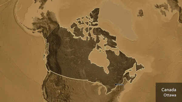 加拿大边境地区的特写镜头 用黑色的阴影覆盖在黑色的高程地图上 资本点 概略地描述一下国家的面貌 国家及其首都的英文名称 — 图库照片