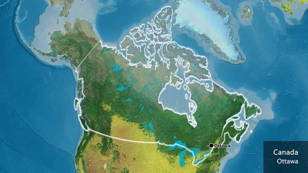 Närbild Kanadas Gränsområde Topografisk Karta Huvudpunkt Glow Runt Landet Form — Stockfoto