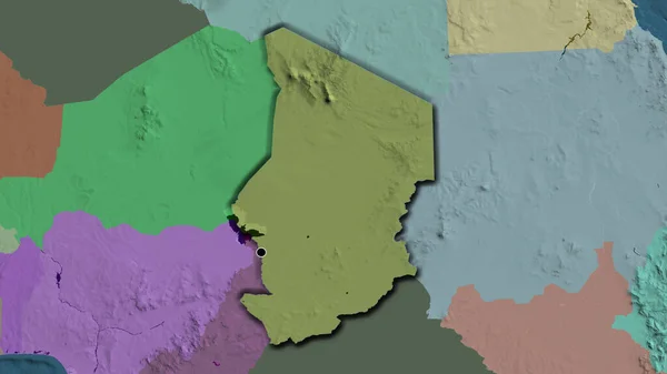 在行政地图上对乍得边境地区进行的密切监视 资本点 国家形状的斜边 — 图库照片