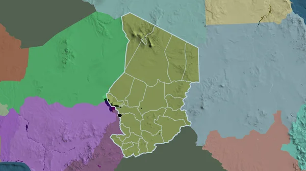在行政地图上对乍得边境地区及其区域边界进行密切监视 资本点 国家形貌概述 — 图库照片