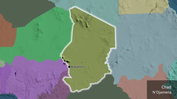 Närbild Tchads Gränsområde Administrativ Karta Huvudpunkt Glow Runt Landet Form — Stockfoto