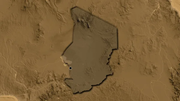 チャド国境地域のクローズアップは セピア標高地図上の暗いオーバーレイで強調しています 資本ポイント 国の形の縁が隠されている — ストック写真