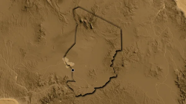 Primer Plano Zona Fronteriza Chad Mapa Elevación Sepia Punto Capital —  Fotos de Stock