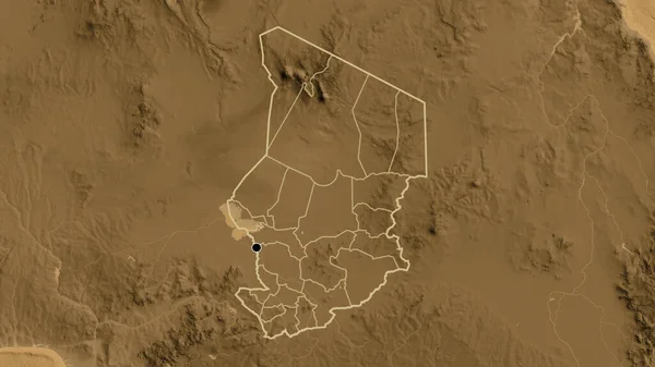 Close Área Fronteiriça Chade Suas Fronteiras Regionais Mapa Elevação Sépia — Fotografia de Stock