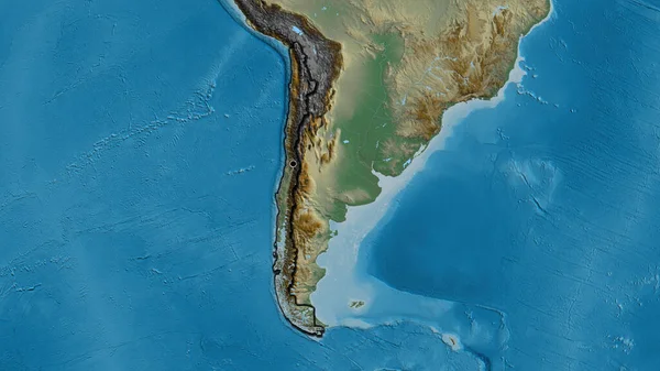在一张救济地图上对智利边境地区进行的密切监视 资本点 国家形状的斜边 — 图库照片