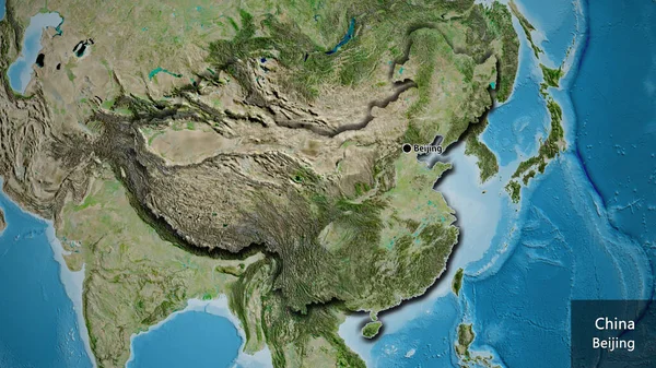 Close-up of the China border area on a satellite map. Capital point. Bevelled edges of the country shape. English name of the country and its capital