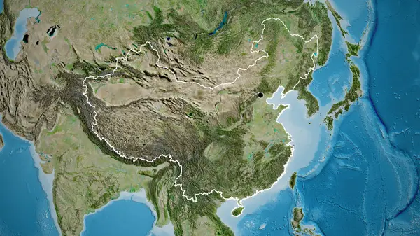 Close-up of the China border area on a satellite map. Capital point. Outline around the country shape.