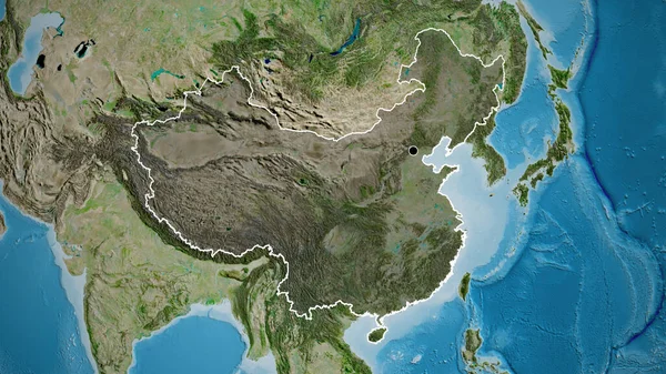 Close-up of the China border area highlighting with a dark overlay on a satellite map. Capital point. Outline around the country shape.
