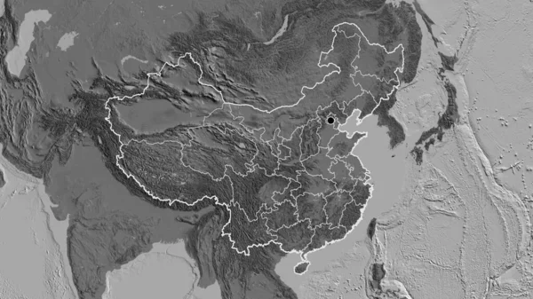 在双边地图上对中国边境地区及其区域边界进行了近距离调查 资本点 国家形貌概述 — 图库照片