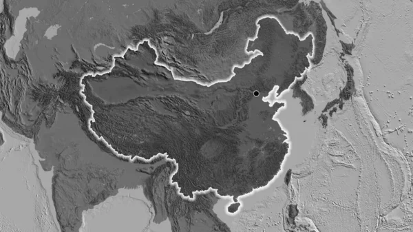 中国边境地区的特写镜头 用一张双层地图上的黑暗覆盖来突出显示 资本点 风靡全国 — 图库照片