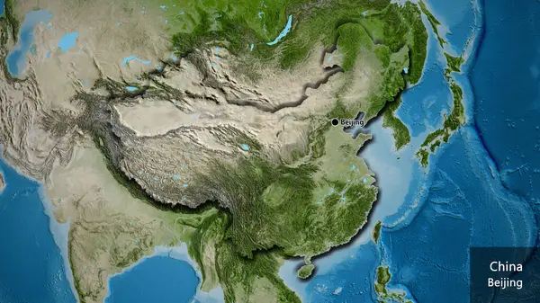 Close Área Fronteira China Mapa Satélite Ponto Capital Bordas Chanfradas — Fotografia de Stock