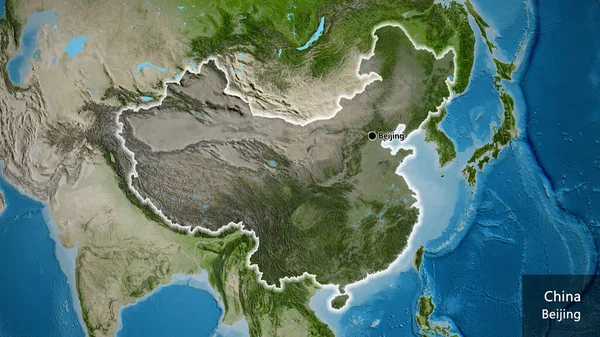 Detailní Záběr Pohraniční Oblast Číny Zvýrazňující Tmavé Překrytí Satelitní Mapě — Stock fotografie