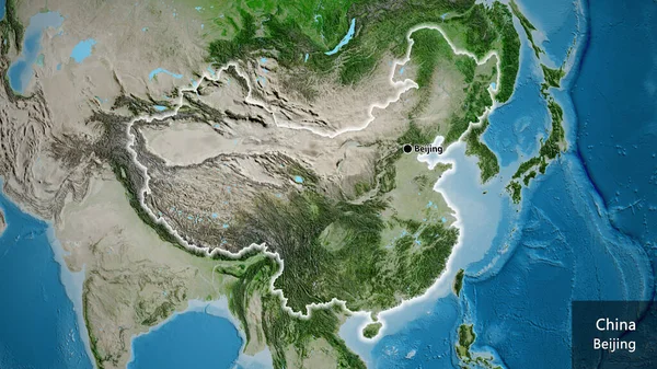 Close Área Fronteira China Mapa Satélite Ponto Capital Brilha Volta — Fotografia de Stock
