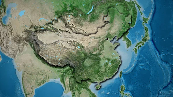 Close-up of the China border area on a satellite map. Capital point. Bevelled edges of the country shape.