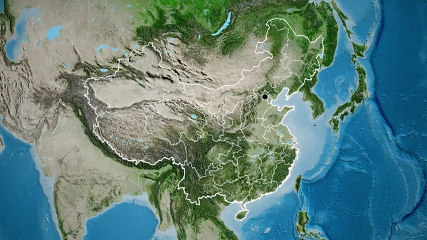 Close-up of the China border area and its regional borders on a satellite map. Capital point. Outline around the country shape.