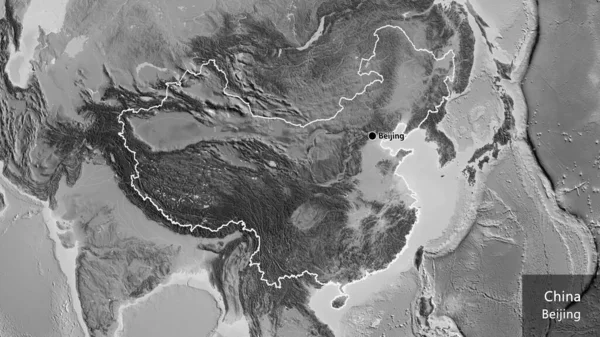 在一张灰度地图上对中国边境地区进行了近距离调查 资本点 概略地描述一下国家的面貌 国家及其首都的英文名称 — 图库照片