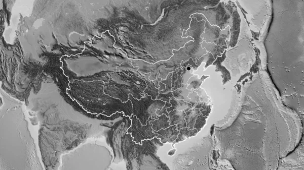 中国边境地区及其区域边界的灰度地图上的近景 资本点 国家形貌概述 — 图库照片