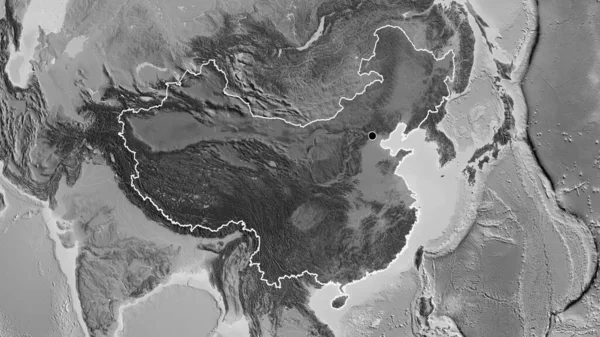 中国边境地区的近景以灰度地图上的黑暗覆盖为亮点 资本点 国家形貌概述 — 图库照片