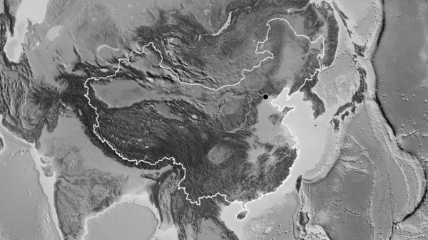 在一张灰度地图上对中国边境地区进行了近距离调查 资本点 国家形貌概述 — 图库照片