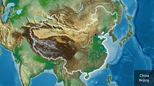 物理的な地図上の中国国境地域のクローズアップ 資本ポイント 国の形の周りに光る 英名国とその首都 — ストック写真