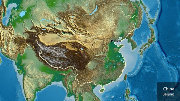 物理的な地図上の中国国境地域のクローズアップ 資本ポイント 国の形の周りの概要 英名国とその首都 — ストック写真