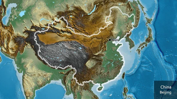 Close Área Fronteira China Mapa Alívio Ponto Capital Brilha Volta — Fotografia de Stock