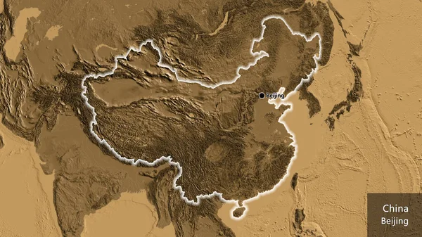 Close Área Fronteira China Mapa Elevação Sépia Ponto Capital Brilha — Fotografia de Stock
