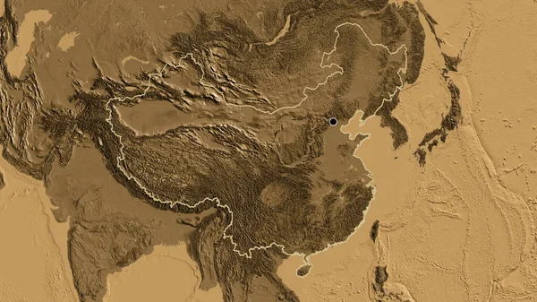 中国边境地区的近景在一个黑色的高程地图上 资本点 国家形貌概述 — 图库照片