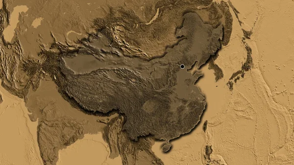Zbliżenie Strefy Przygranicznej Chin Ciemnymi Nakładkami Mapę Wysokości Sepii Główny — Zdjęcie stockowe